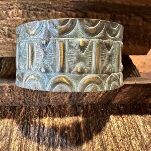 Handcrafted Artesian Boho Brass Patina Bracelet,‎ Aqua Sacred Geometry Allover,